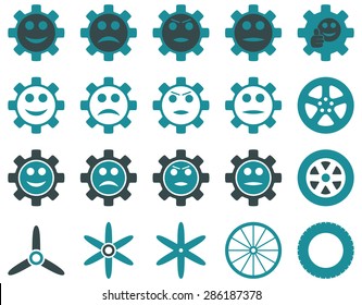 Tools and Smile Gears Icons. Vector set style: bicolor flat images, soft blue colors, isolated on a white background.