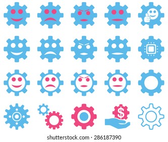 Tools and Smile Gears Icons. Vector set style: bicolor flat images, pink and blue colors, isolated on a white background.