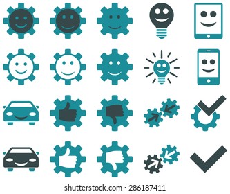 Tools and Smile Gears Icons. Vector set style: bicolor flat images, soft blue colors, isolated on a white background.