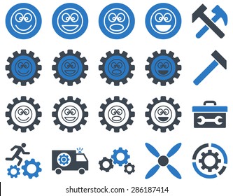 Tools and Smile Gears Icons. Vector set style: bicolor flat images, smooth blue colors, isolated on a white background.