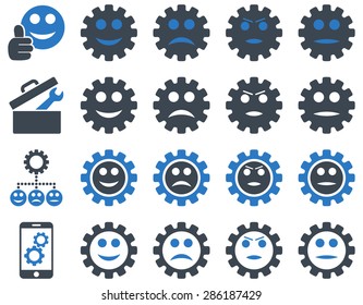 Tools and Smile Gears Icons. Vector set style: bicolor flat images, smooth blue colors, isolated on a white background.