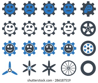 Tools and Smile Gears Icons. Vector set style: bicolor flat images, smooth blue colors, isolated on a white background.