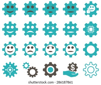 Tools and Smile Gears Icons. Vector set style: bicolor flat images, grey and cyan colors, isolated on a white background.