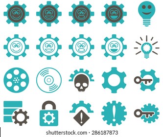 Tools and Smile Gears Icons. Vector set style: bicolor flat images, grey and cyan colors, isolated on a white background.