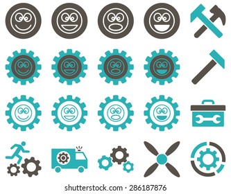 Tools and Smile Gears Icons. Vector set style: bicolor flat images, grey and cyan colors, isolated on a white background.