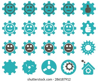 Tools and Smile Gears Icons. Vector set style: bicolor flat images, grey and cyan colors, isolated on a white background.