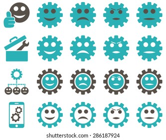 Tools and Smile Gears Icons. Vector set style: bicolor flat images, grey and cyan colors, isolated on a white background.