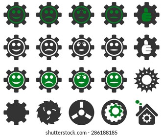 Tools and Smile Gears Icons. Vector set style: bicolor flat images, green and gray colors, isolated on a white background.