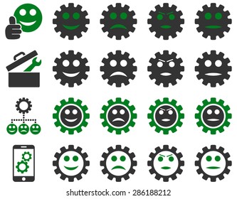 Tools and Smile Gears Icons. Vector set style: bicolor flat images, green and gray colors, isolated on a white background.