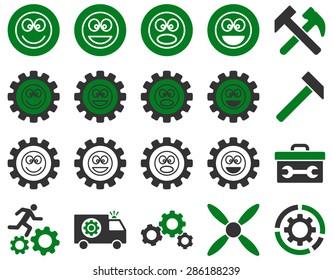 Tools and Smile Gears Icons. Vector set style: bicolor flat images, green and gray colors, isolated on a white background.