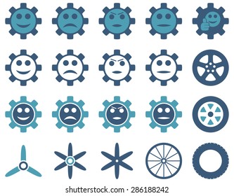 Tools and Smile Gears Icons. Vector set style: bicolor flat images, cyan and blue colors, isolated on a white background.