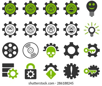Tools and Smile Gears Icons. Vector set style: bicolor flat images, eco green and gray colors, isolated on a white background.