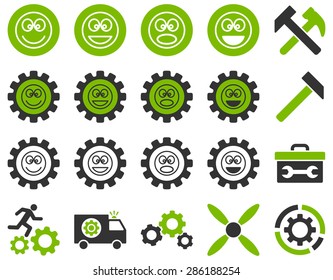 Tools and Smile Gears Icons. Vector set style: bicolor flat images, eco green and gray colors, isolated on a white background.