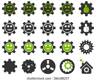 Tools and Smile Gears Icons. Vector set style: bicolor flat images, eco green and gray colors, isolated on a white background.