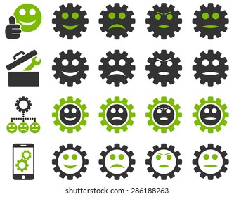 Tools and Smile Gears Icons. Vector set style: bicolor flat images, eco green and gray colors, isolated on a white background.