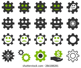 Tools and Smile Gears Icons. Vector set style: bicolor flat images, eco green and gray colors, isolated on a white background.