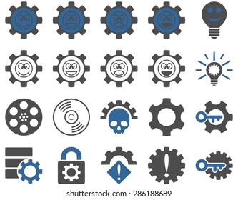 Tools and Smile Gears Icons. Vector set style: bicolor flat images, cobalt and gray colors, isolated on a white background.