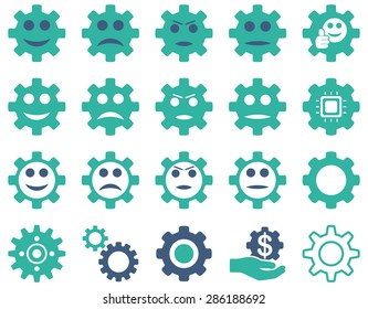 Tools and Smile Gears Icons. Vector set style: bicolor flat images, cobalt and cyan colors, isolated on a white background.