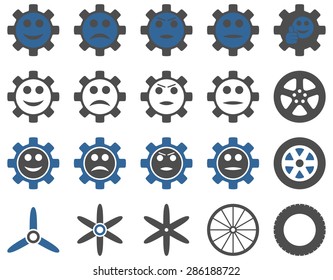 Tools and Smile Gears Icons. Vector set style: bicolor flat images, cobalt and gray colors, isolated on a white background.