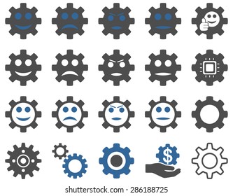 Tools and Smile Gears Icons. Vector set style: bicolor flat images, cobalt and gray colors, isolated on a white background.