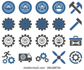 Tools and Smile Gears Icons. Vector set style: bicolor flat images, cobalt and gray colors, isolated on a white background.