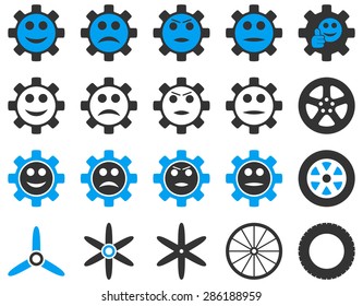 Tools and Smile Gears Icons. Vector set style: bicolor flat images, blue and gray colors, isolated on a white background.