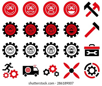 Tools and Smile Gears Icons. Vector set style: bicolor flat images, intensive red and black colors, isolated on a white background.