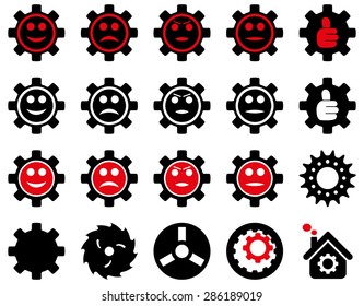 Tools and Smile Gears Icons. Vector set style: bicolor flat images, intensive red and black colors, isolated on a white background.