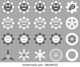 Tools and Smile Gears Icons. Vector set style: bicolor flat images, dark gray and white colors, isolated on a silver background.