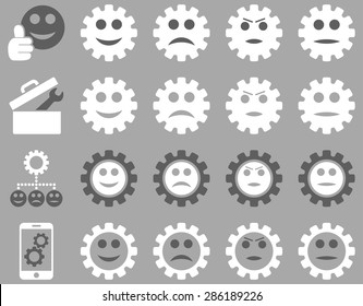 Tools and Smile Gears Icons. Vector set style: bicolor flat images, dark gray and white colors, isolated on a silver background.