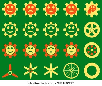 Tools and Smile Gears Icons. Vector set style: bicolor flat images, orange and yellow colors, isolated on a green background.