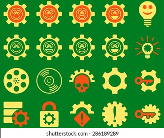 Tools and Smile Gears Icons. Vector set style: bicolor flat images, orange and yellow colors, isolated on a green background.