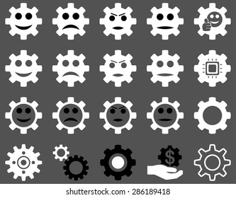 Tools and Smile Gears Icons. Vector set style: bicolor flat images, black and white colors, isolated on a gray background.