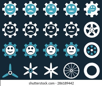 Tools and Smile Gears Icons. Vector set style: bicolor flat images, blue and white colors, isolated on a dark blue background.