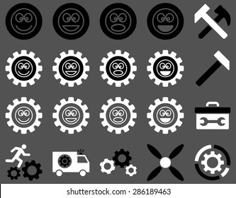 Tools and Smile Gears Icons. Vector set style: bicolor flat images, black and white colors, isolated on a gray background.