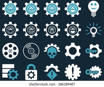 Tools and Smile Gears Icons. Vector set style: bicolor flat images, blue and white colors, isolated on a dark blue background.