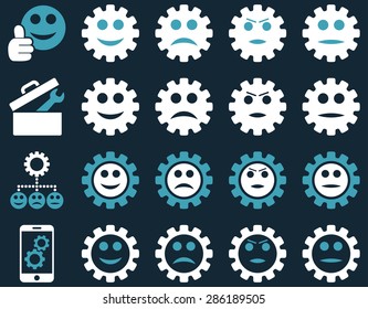 Tools and Smile Gears Icons. Vector set style: bicolor flat images, blue and white colors, isolated on a dark blue background.