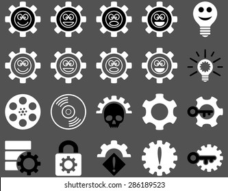 Tools and Smile Gears Icons. Vector set style: bicolor flat images, black and white colors, isolated on a gray background.