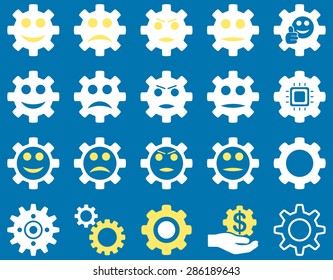 Tools and Smile Gears Icons. Vector set style: bicolor flat images, yellow and white colors, isolated on a blue background.