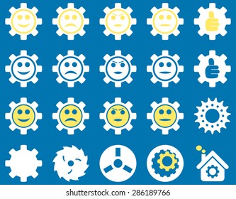 Tools and Smile Gears Icons. Vector set style: bicolor flat images, yellow and white colors, isolated on a blue background.