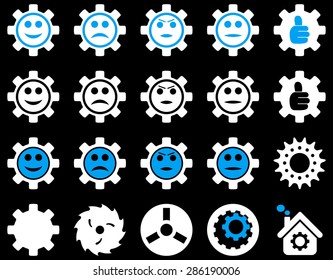 Tools and Smile Gears Icons. Vector set style: bicolor flat images, blue and white colors, isolated on a black background.