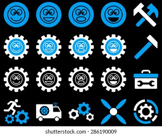 Tools and Smile Gears Icons. Vector set style: bicolor flat images, blue and white colors, isolated on a black background.