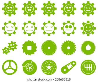 Tools and Smile Gears Icons. Vector set style: flat images, eco green color, isolated on a white background.