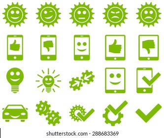 Tools and Smile Gears Icons. Vector set style: flat images, eco green color, isolated on a white background.