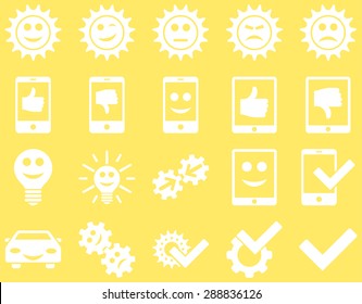 Tools and Smile Gears Icons. Vector set style: flat images, white color, isolated on a yellow background.