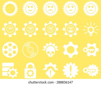 Tools and Smile Gears Icons. Vector set style: flat images, white color, isolated on a yellow background.