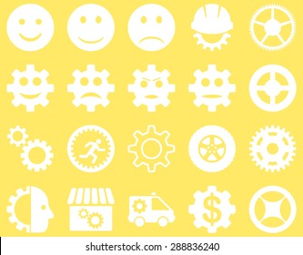 Tools and Smile Gears Icons. Vector set style: flat images, white color, isolated on a yellow background.
