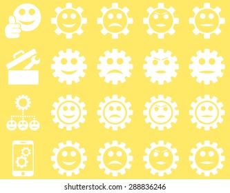 Tools and Smile Gears Icons. Vector set style: flat images, white color, isolated on a yellow background.