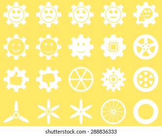 Tools and Smile Gears Icons. Vector set style: flat images, white color, isolated on a yellow background.