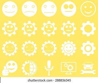 Tools and Smile Gears Icons. Vector set style: flat images, white color, isolated on a yellow background.